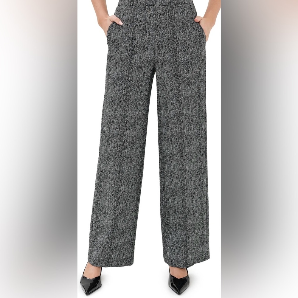 STAUD Prince Herringbone Grey and Black Wide-Leg Pants Trousers